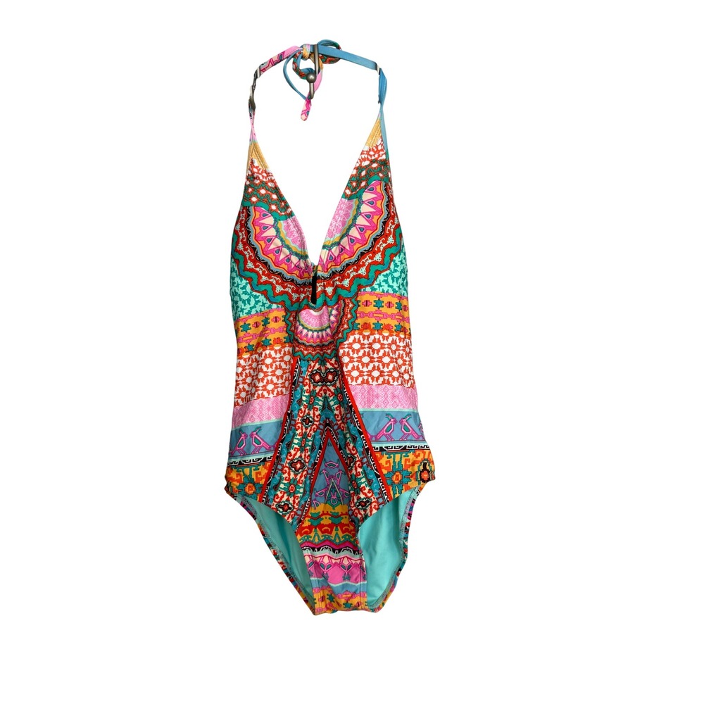 Laundry by Shelli Segal One Piece Halter Swimsuit Boho Geometric Padded